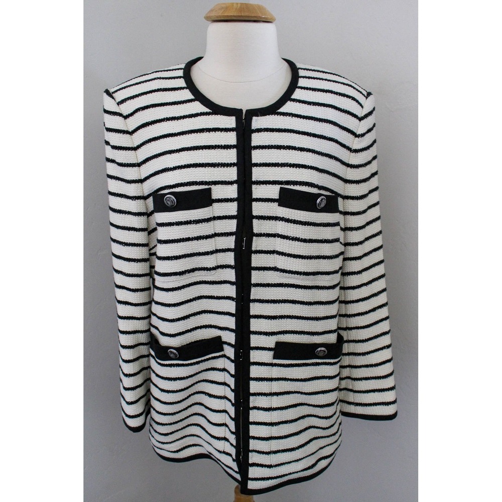 Veronica Beard Foster Dickey Jacket Size 16 Ivory Black Striped Blazer Pockets